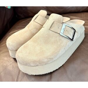 Madden NYC Women's Suede Buckle Platform Clogs Beige Size 9